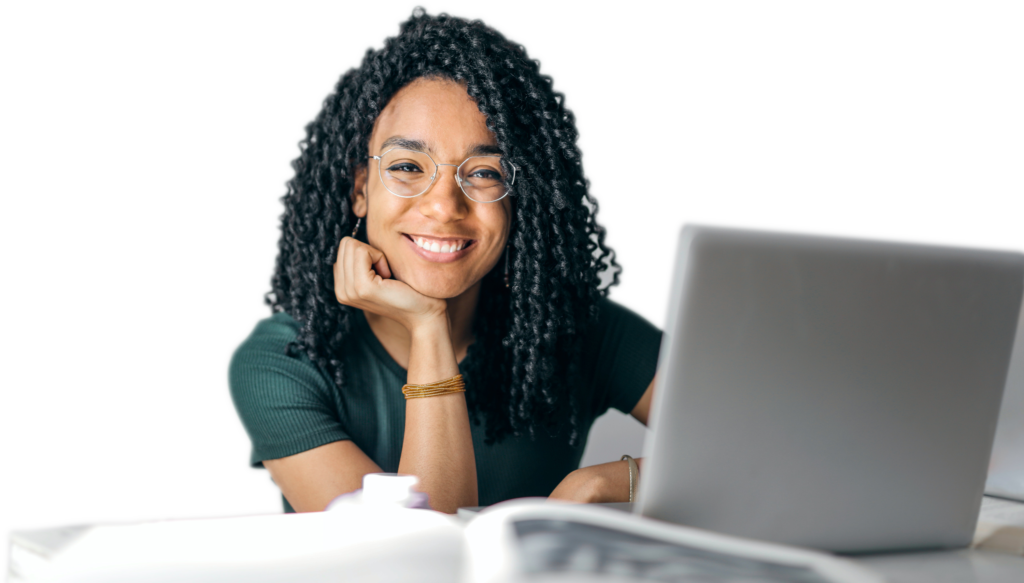 Woman smiling while working at the computer